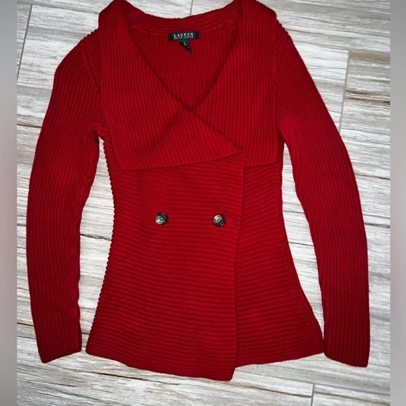 Ralph Lauren Red Ribbed Cardigan Small - Picture 2 of 4